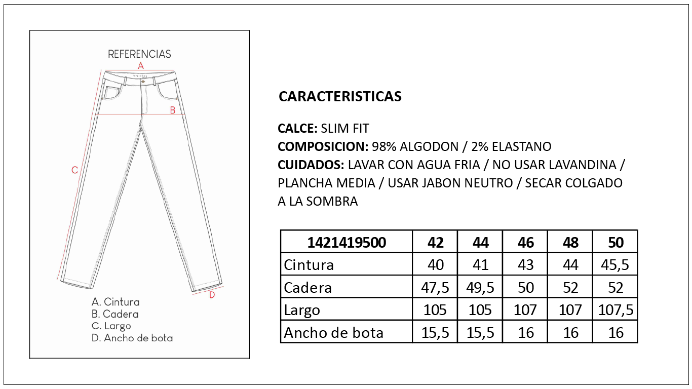 Tabla de Talles Pantal&oacute;n Gabardina Slim Hombre Britches